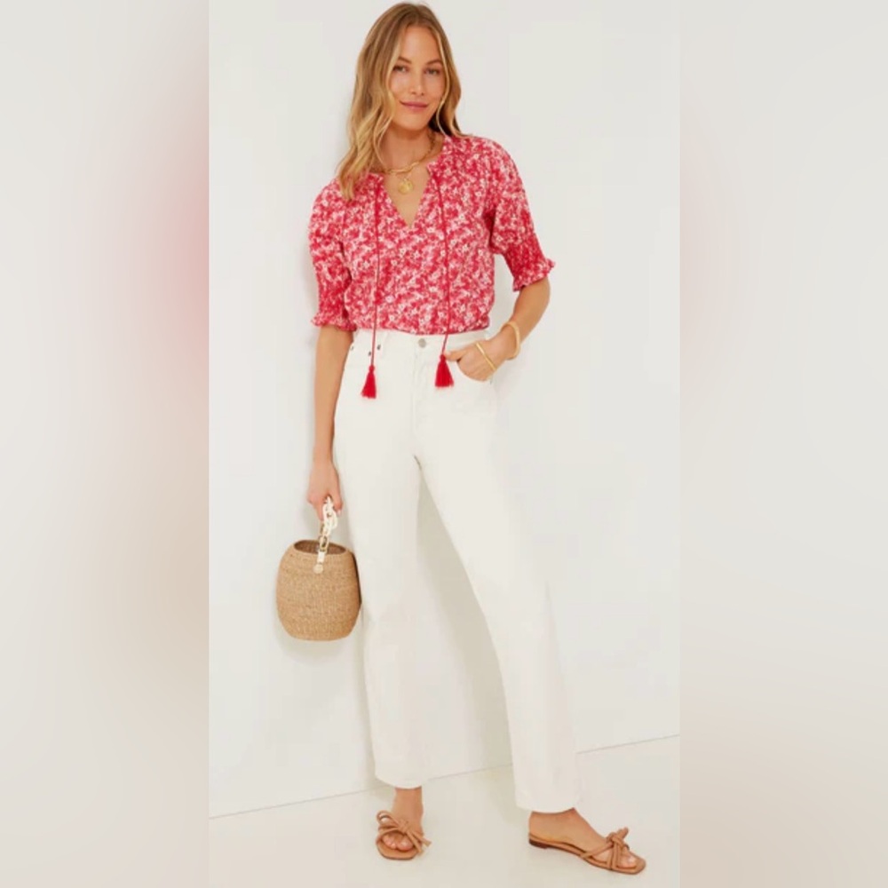 TUCKERNUCK HYACINTH HOUSE Red and Pink Floral V-Neck Colleen Blouse NWOT (flaw)